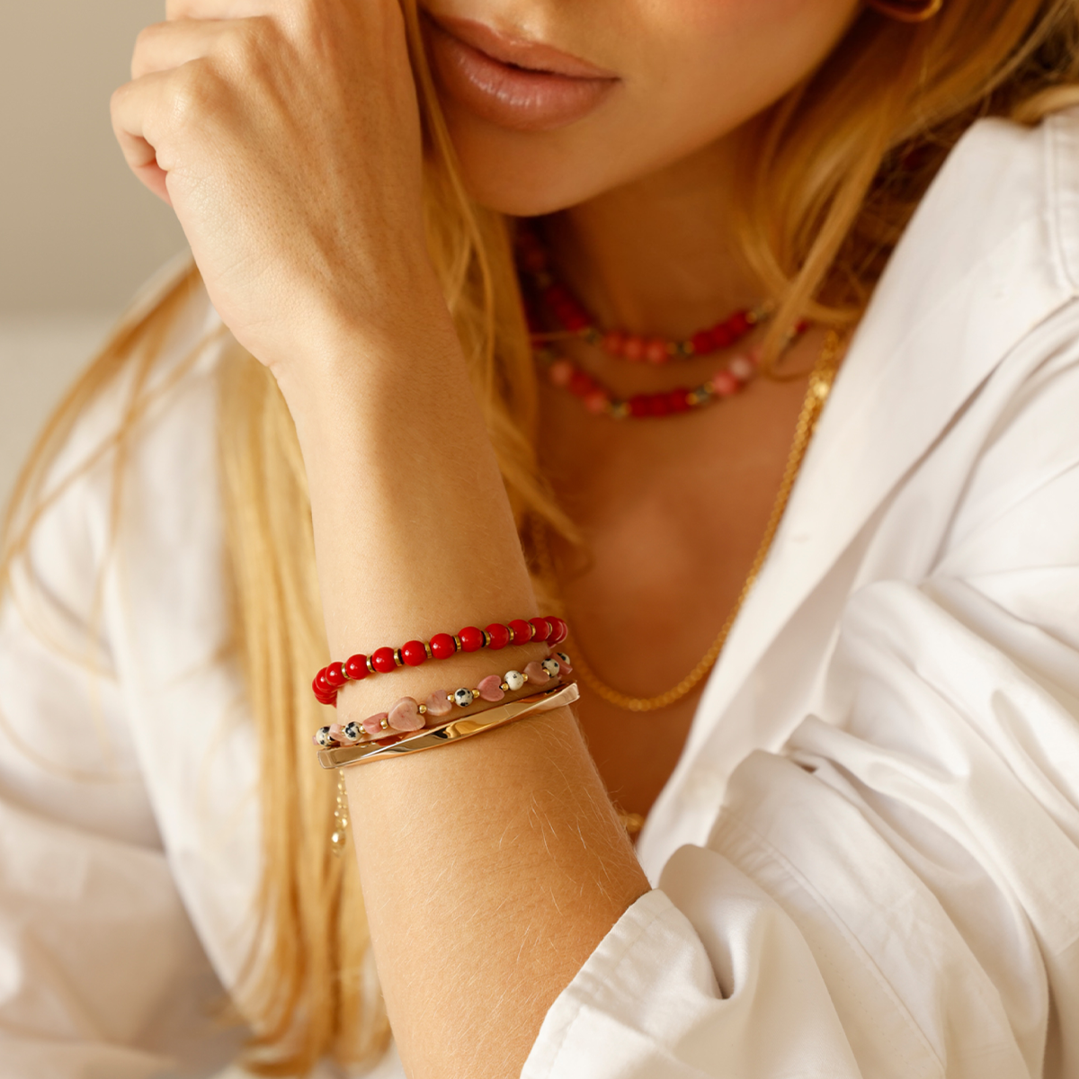 PULSEIRA LOVE JADE E JASPE CORAÇÃO DOURADO