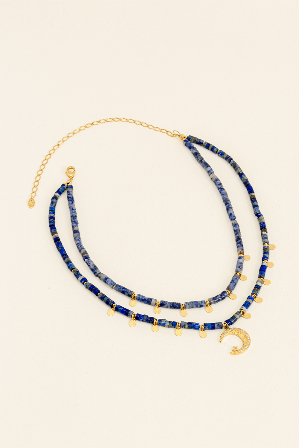 COLAR ENCANTOS DUPLO DE LÁPIS LAZULI COM LUA E TACHINHAS DOURADO DOURADO