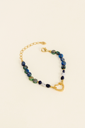PULSEIRA ENCANTOS CORAÇÃO DE PEDRA NATURAL CRISOCOLA AZUL DOURADO AZUL