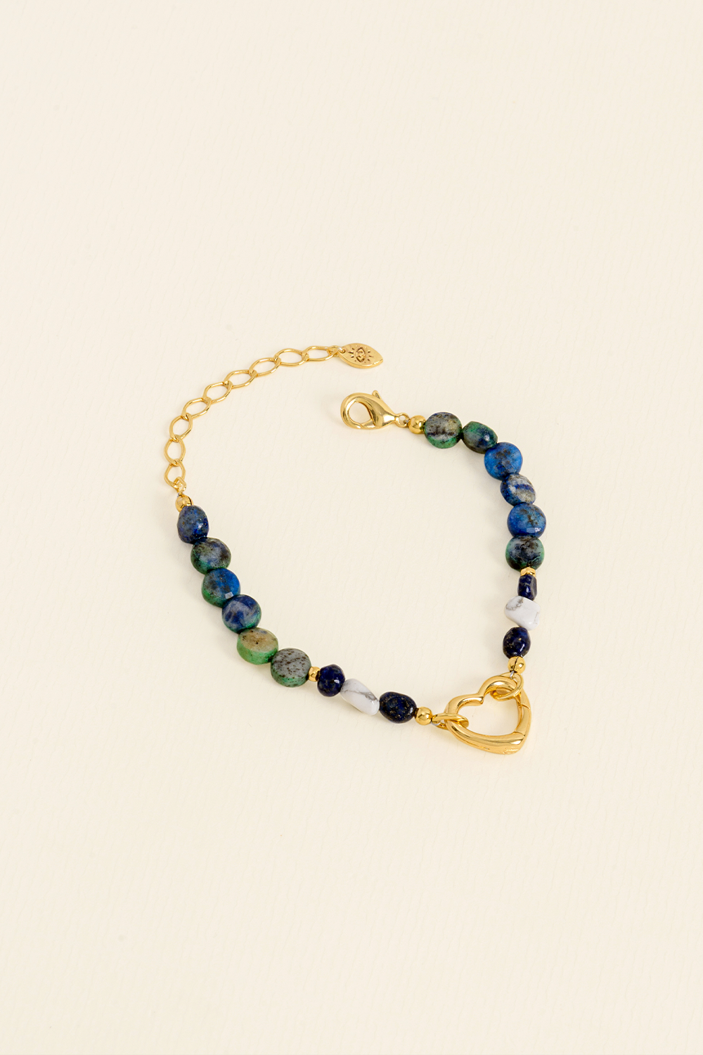 PULSEIRA ENCANTOS CORAÇÃO DE PEDRA NATURAL CRISOCOLA AZUL DOURADO AZUL