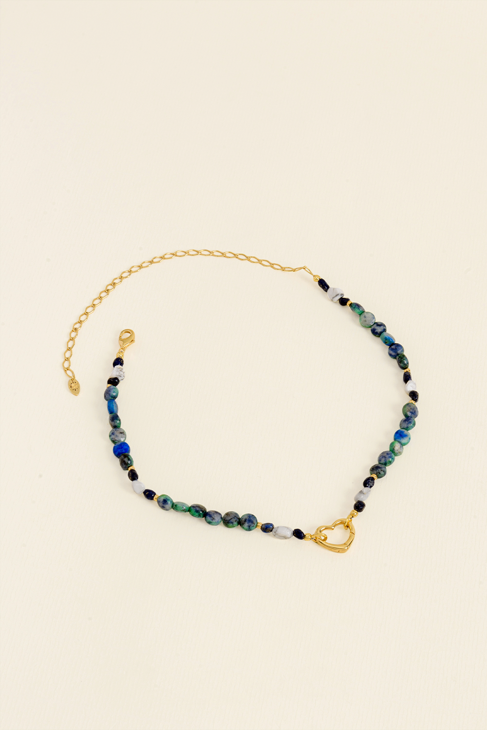 COLAR ENCANTOS CORAÇÃO DE PEDRA NATURAL CRISOCOLA AZUL DOURADO AZUL